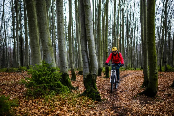 Horská Cykloturistika Žena Koni Kole Podzimní Krajině Lesní Hory Ženy — Stock fotografie