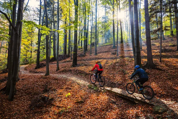 Cycling woman and man at Beskidy mountains autumn forest landscape. Couple riding MTB enduro track. Outdoor sport activity.