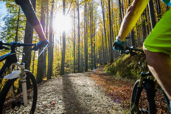 Ciclismo Mulher Homem Montanhas Beskidy Outono Paisagem Florestal Caminhada Casal — Fotografia de Stock