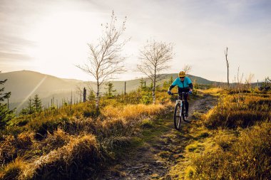 Bisikletli kadın, sonbahar ormanı manzarasında bisiklet sürüyor. MTB akış yolu üzerinde bisiklet süren bir kadın. Açık hava sporları aktivitesi.