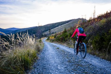 Bisikletli kadın, sonbahar ormanı manzarasında bisiklet sürüyor. MTB akış yolu üzerinde bisiklet süren bir kadın. Açık hava sporları aktivitesi.