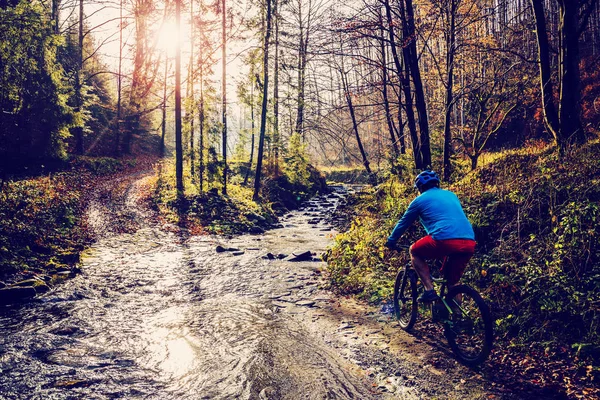 Гірський Велосипедист Катається Велосипеді Весняних Горах Лісового Пейзажу Чоловік Їздить — стокове фото