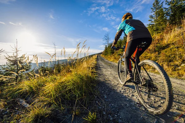 Cycling woman riding on bike in autumn mountains forest landscape. Woman cycling MTB flow trail track. Outdoor sport activity.