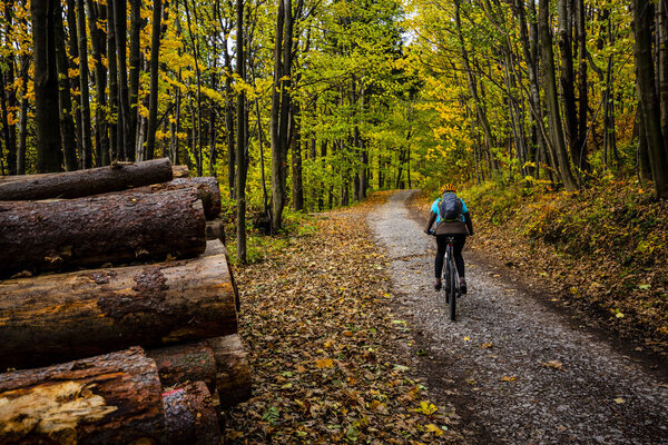 Mountain biking woman riding on bike in autumn mountains forest landscape. Woman cycling MTB flow trail track. Outdoor sport activity.