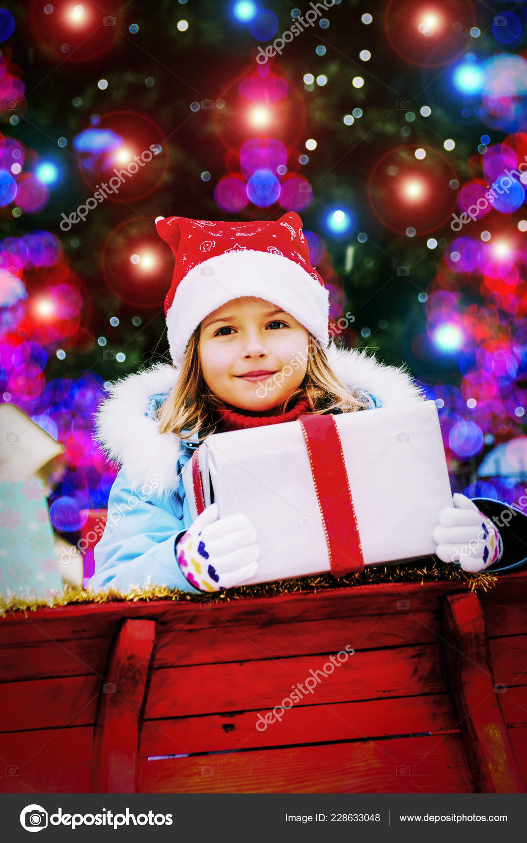 Happy Child Christmas Time Funny Kid Playing Xmas Outdoor