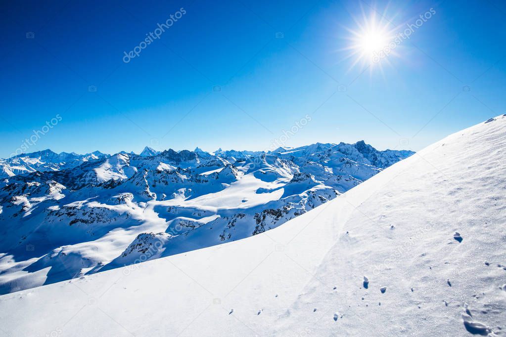 Winter panorama landscape from Mont Fort and famous Matterhorn, Dent d'Herens, Dents de Bouquetins, Weisshorn; Tete Blanche in the background, Verbier, 4 Valleys, 