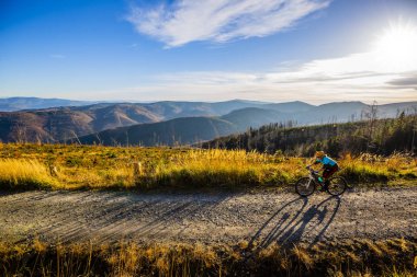 Bisikletli kadın, sonbahar ormanı manzarasında bisiklet sürüyor. MTB akış yolu üzerinde bisiklet süren bir kadın. Açık hava sporları aktivitesi.