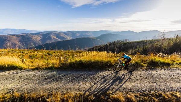 Radfahrerin Auf Dem Fahrrad Frühling Sommer Berge Waldlandschaft Mtb Flow — Stockfoto