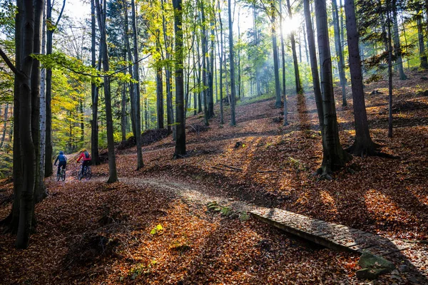 Mujer Ciclista Hombre Beskidy Montañas Primavera Bosque Paisaje Pareja Montando — Foto de Stock