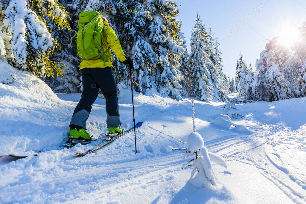 Ski in Beskidy mountains. The skituring man, backcountry skiing in fresh powder snow.
