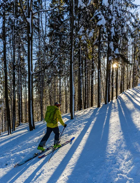 Ski Beskidy Mountains Den Skynder Mannen Backcountry Skidåkning Färskt Pudersnö — Stockfoto