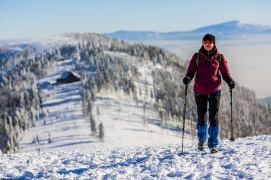 Beskidy mountains içinde güneşli gün, macera kavramı aktif tatil karda ormanda, açık hava etkinliği ile hiking sırt çantası ile kadın trekking gezgin Polonya - görüntü
