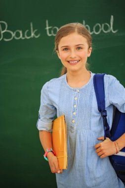 Okula dönüş... Blacboard karşı clasroom oturan komik beatifull kızsın. Okula kitap ve aksesuarları ile çocuk. Eğitim kavramı