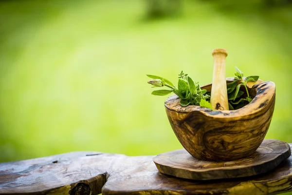 Fresh Herbs Garden Wooden Olive Mortar Sunny Garden Background Image — Stock Photo, Image