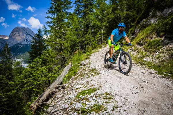 観光客 コルティーナ ダンペッツォでのサイクリングはロッキー山脈を背景に見事な Mtb エンデューロ流トレイルに乗って男 イタリア南チロル州 ドロミテ — ストック写真