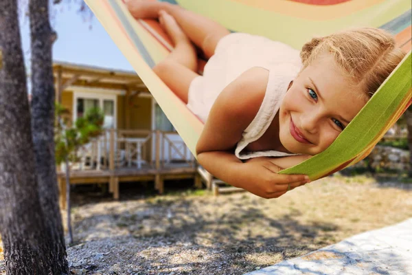 Camping Travel Camper Summer Beach Happy Smiling Beauty Girl Mototorhome — Stock Photo, Image