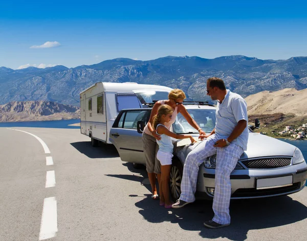 Camping Travel Camper Summer Beach Happy Smiling Beauty Girl Mototorhome — Stock Photo, Image