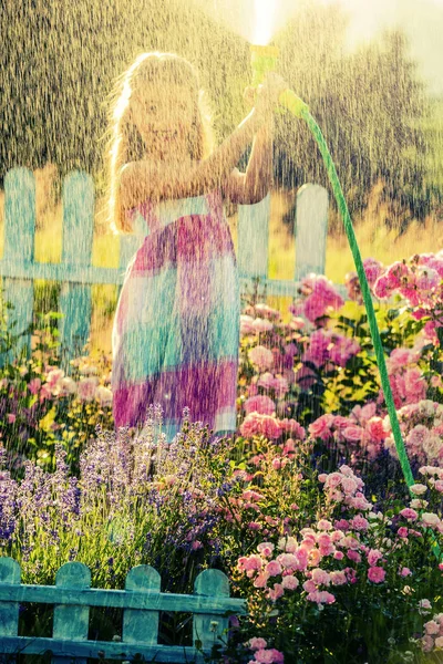 Playfull Girl Watering Flowers Rain Garden Summer Day Child Using — Stock Photo, Image