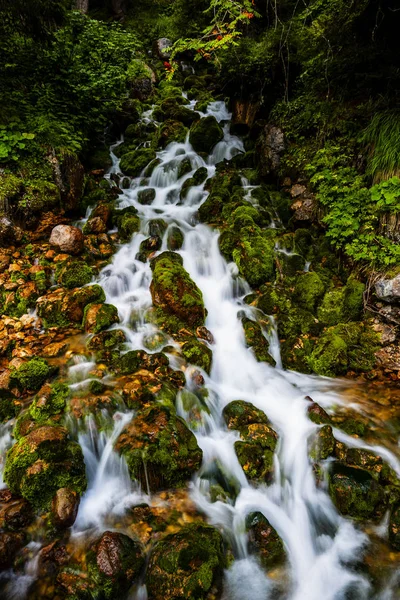 Paysage majestueux de rivière d'eau vive dans les montagnes Dolomites n — Photo