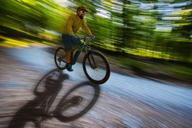 Bahar dağlar orman landsca içinde Bisiklete binmek üzerinde Mountainbiker