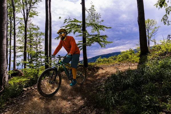 Mountain biker andar de bicicleta na primavera montanhas floresta landsca — Fotografia de Stock