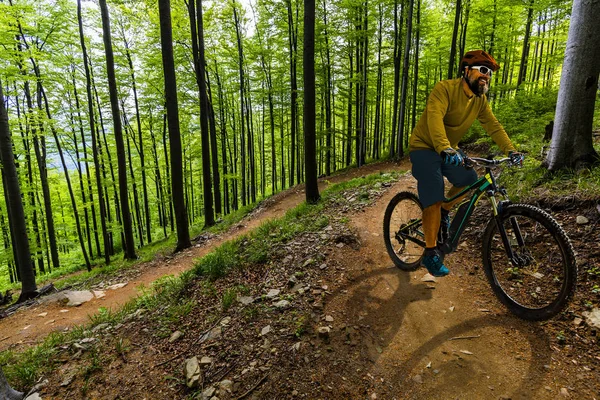 春山の森林風景に自転車に乗って山のバイカー — ストック写真