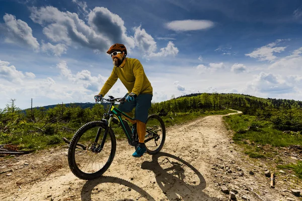 Bahar dağlar orman landsca içinde Bisiklete binmek üzerinde Mountainbiker — Stok fotoğraf