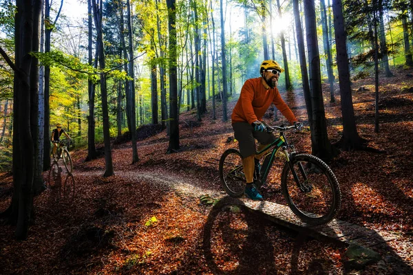 Człowiek na rowerze jazda na rowerze w góry zachód Słońca Las Krajobraz. — Zdjęcie stockowe