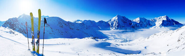 Ski in winter season, mountains and ski touring backcountry equi