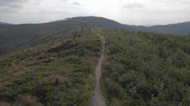 Yaz dağları manzarasında bisikletli bir kadının hava görüntüsü. MTB kullanan kadın.