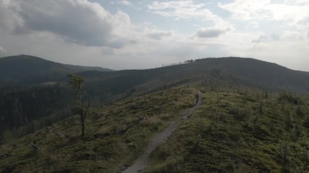 Foto Aérea Mujer Mountainbike Montar Bicicleta Paisaje Las Montañas Verano — Vídeos de Stock