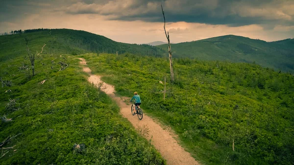 Zdjęcie Lotu Ptaka Rowerze Letnim Krajobrazie Gór Kobieta Jazda Rowerze — Zdjęcie stockowe