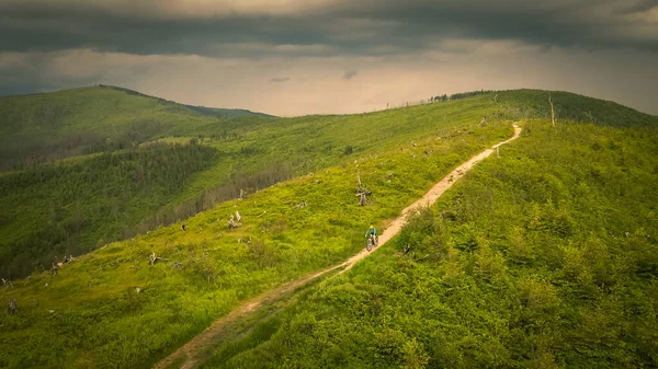 Aerial Shot Mountainbike Woman Riding Bike Summer Mountains Landscape Woman — Stock Photo, Image