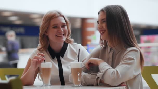 Twee jonge vrouwen die praten en koffie drinken zitten in café. — Stockvideo