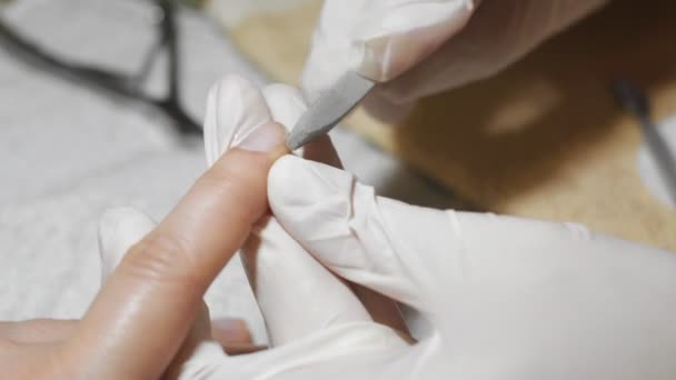 Mujer haciéndose manicura de uñas. Prepárese para el recubrimiento de barniz . — Vídeo de stock