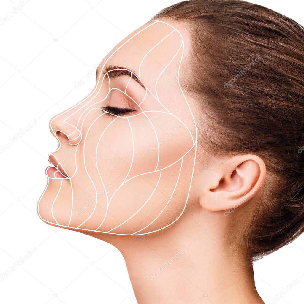 Graphic lines showing facial lifting effect on skin.