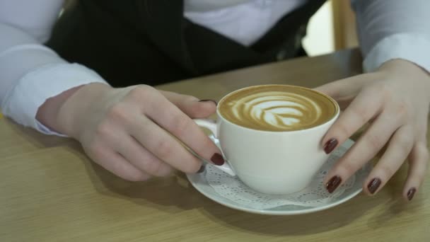 Jonge vrouw zitten in een cafe met cappuccino. — Stockvideo