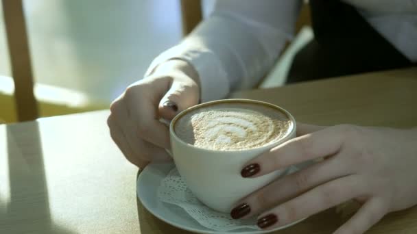 Νεαρή γυναίκα που κάθεται σε ένα καφέ με καπουτσίνο. — Αρχείο Βίντεο
