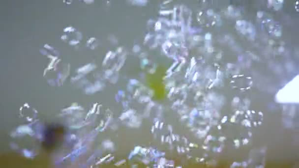 Bunte Seifenblasen schweben in Zeitlupe. — Stockvideo