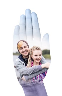 Palm el ve aşık çift çift pozlama. Soyut resim kavramı.