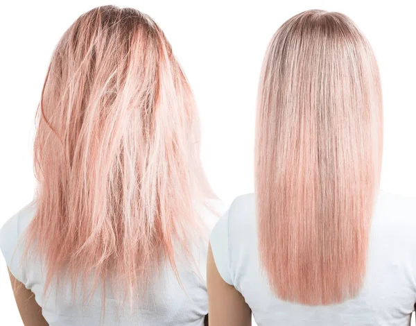 Cheveux blonds avant et après le traitement . — Photo