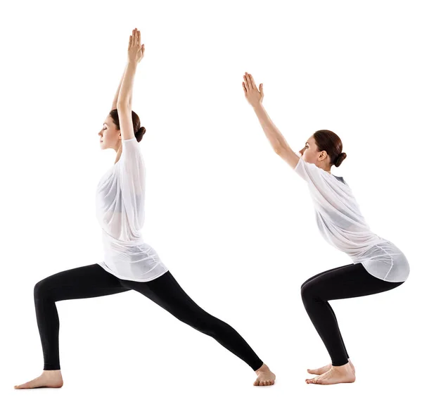 Collage Mujer Joven Haciendo Ejercicio Yoga Aislado Sobre Blanco —  Fotos de Stock