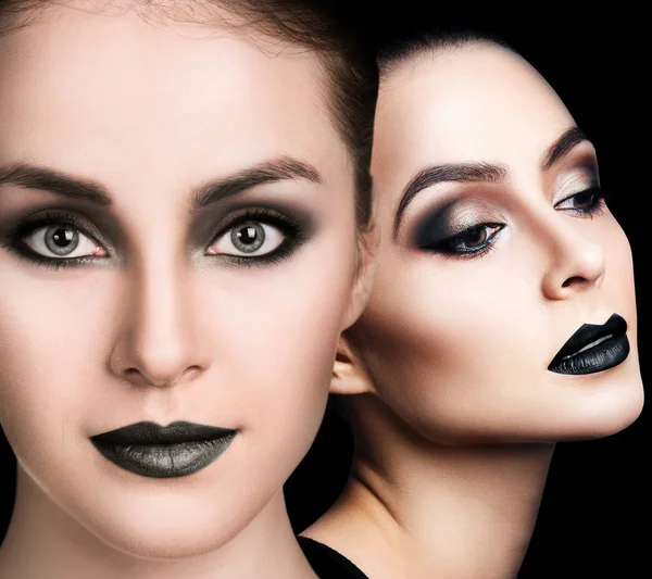 Collage of two beautiful women with black lipstick — Stock Photo, Image