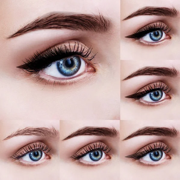 Blaue weibliche Augen mit Schminkschritten. — Stockfoto