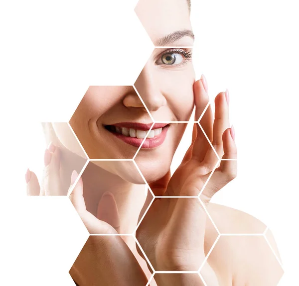 Beautiful female face in honeycombs. Spa and face lifting concept. — Stock Photo, Image