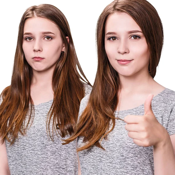 Menina jovem antes e depois do tratamento do cabelo mostra polegares para cima . — Fotografia de Stock