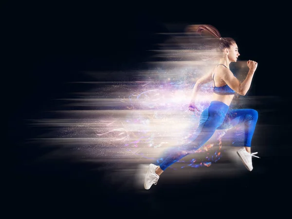 Very speed athletic caucasian woman running with trail. — Stock Photo, Image