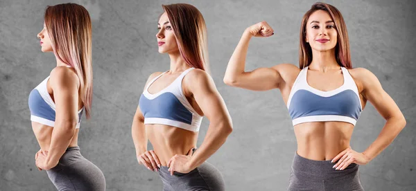 Mujer joven en ropa deportiva demostró su hermoso cuerpo atlético muscular . — Foto de Stock