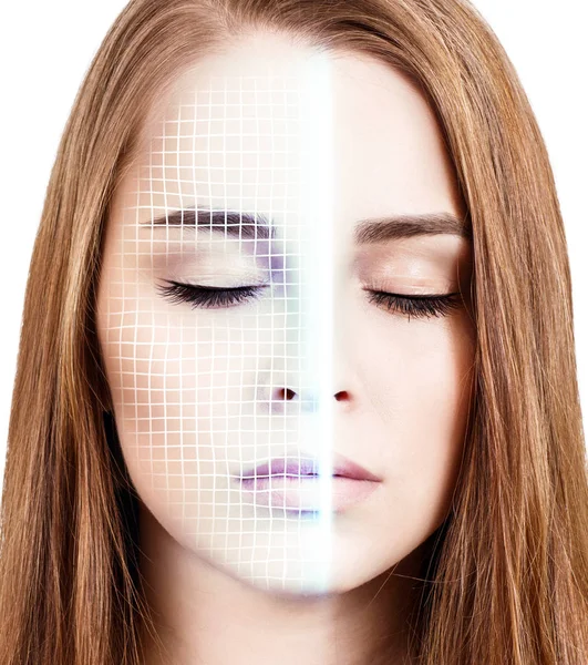 Technological scanning of face of young woman. — Stock Photo, Image