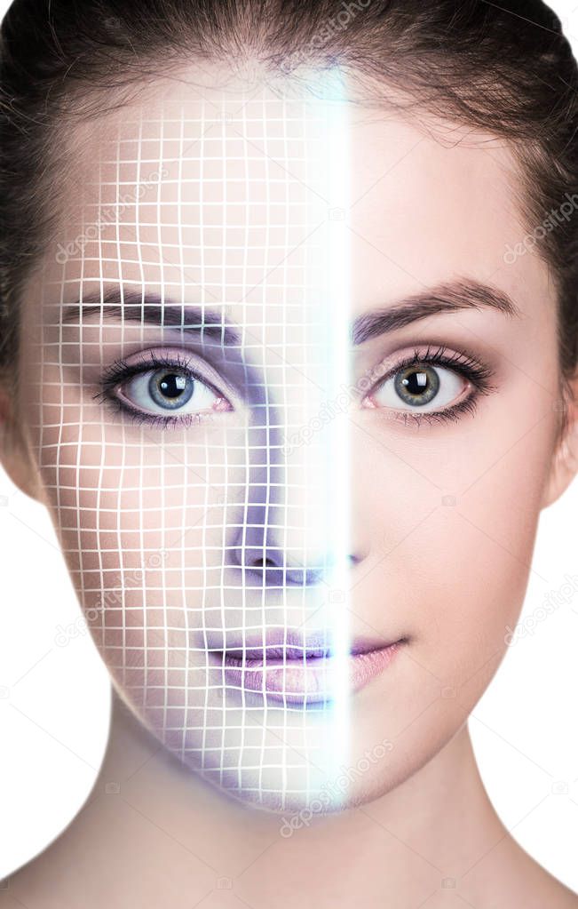 Technological scanning of face of young woman.